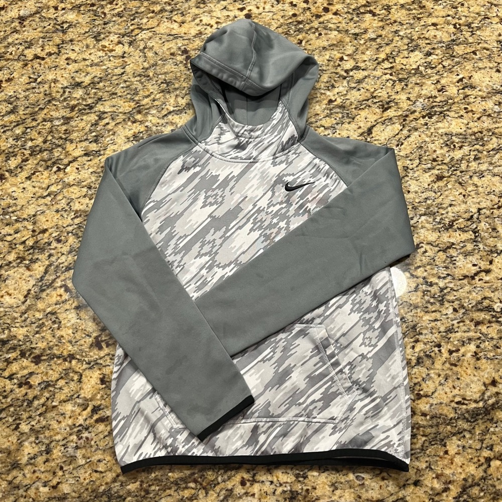 Nike Boys XL Dri-FIT Hoodie Grey White Camo Pullover Thumbhole Sweatshirt